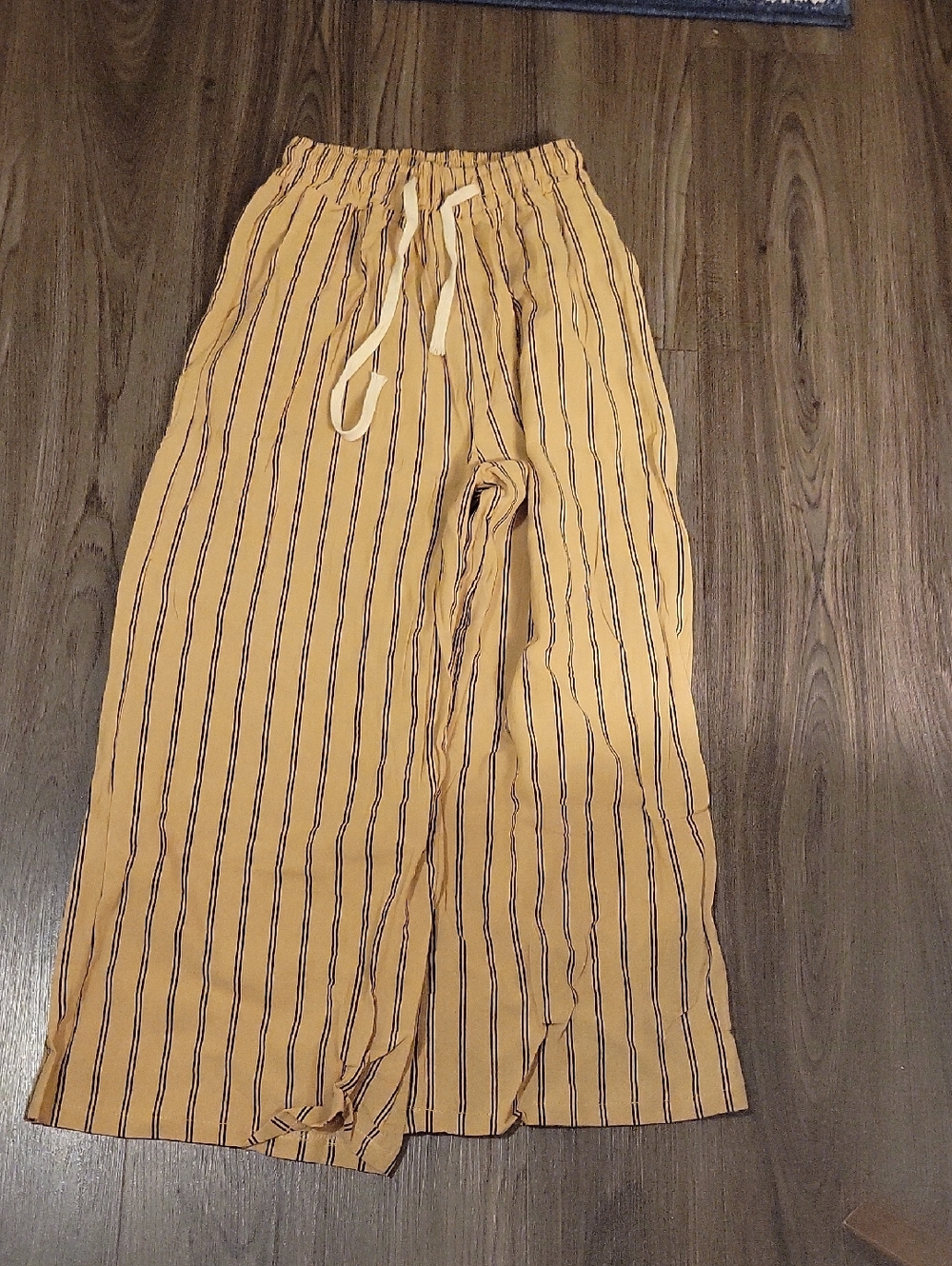 Source Unknown Tan Striped Cropped Wide-Leg Drawstring Pants